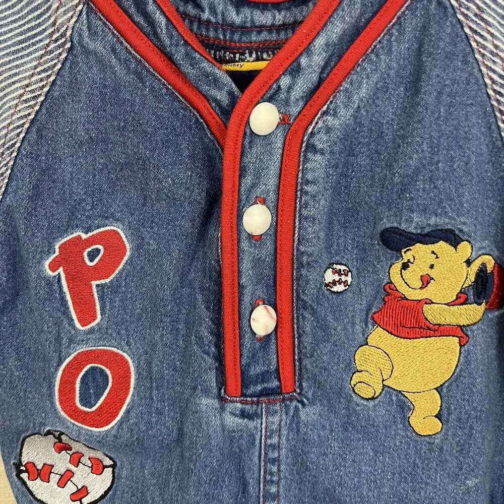 Vintage Y2K Disney Winnie the Pooh Denim Romper Baby 18M Baseball Shortall 2000
